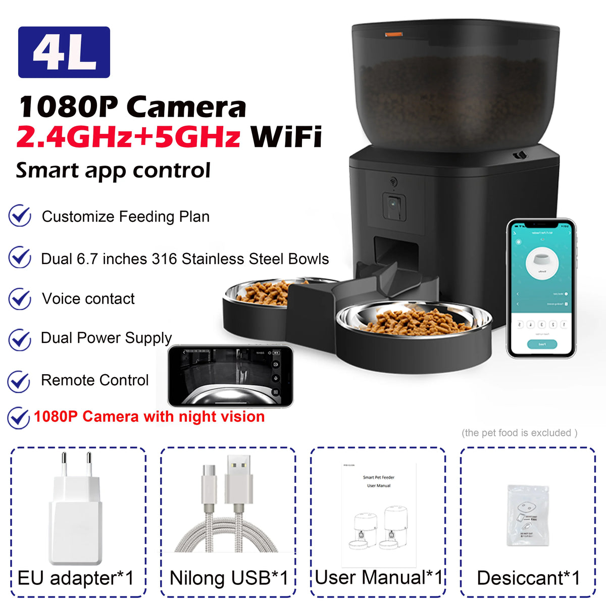 Automatic Pet Feeder with 1080p Camera, Voice Recorder & Remote Control