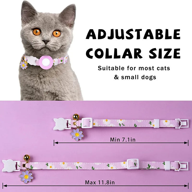 Collier de chat sécurisé avec support AirTag marguerite et grelot