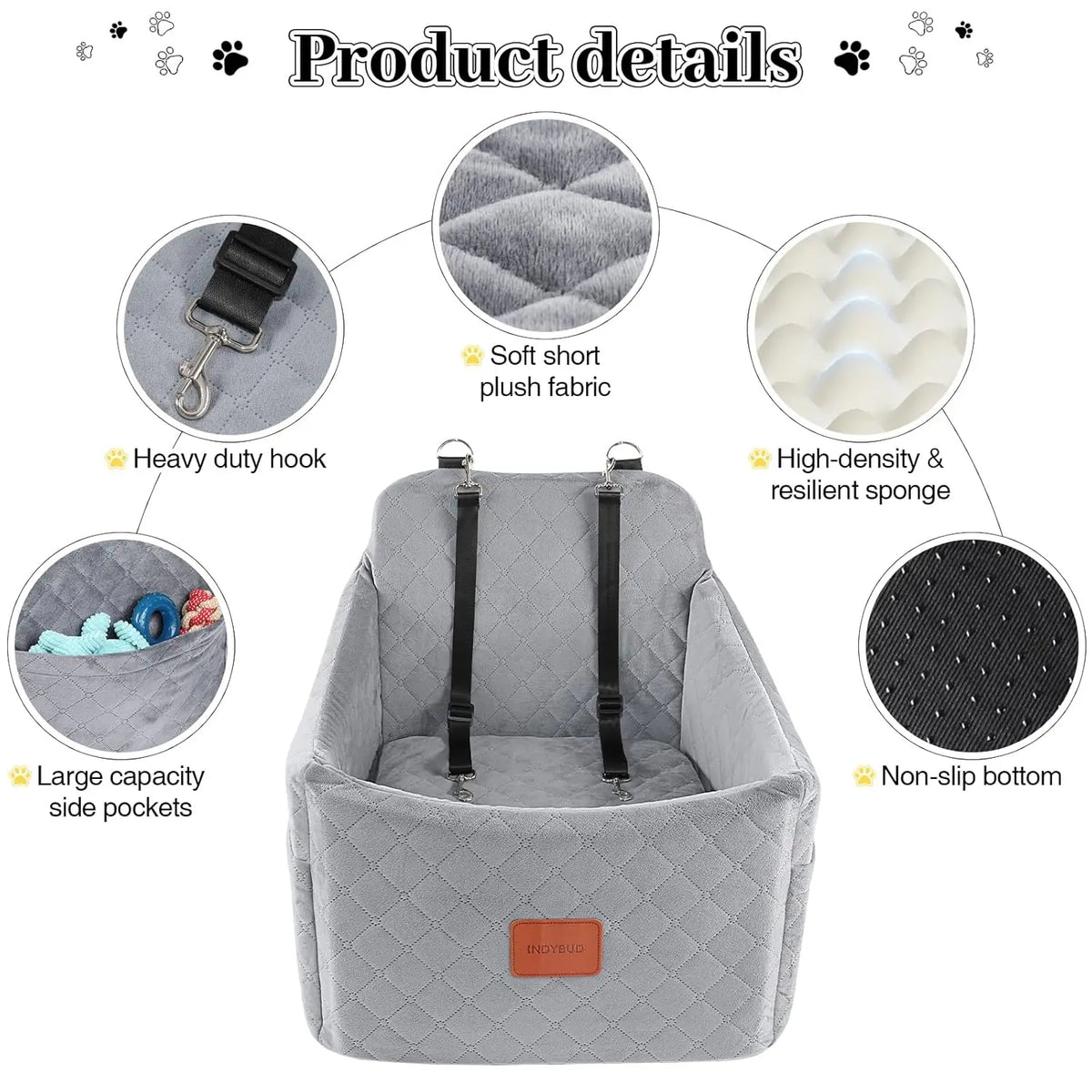 Elevated Memory Foam Dog Car Booster Seat with Storage Pockets