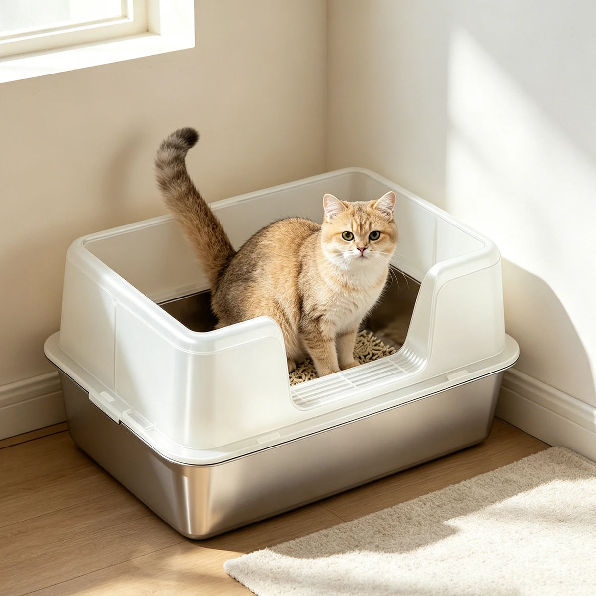 Stainless Steel Semi-Enclosed Cat Litter Box | High Sides | Anti-Splash | 3 Sizes