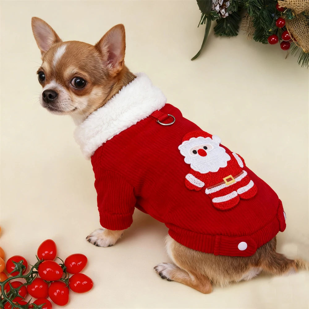 Christmas Pet Jacket with Fur Collar & Traction Ring
