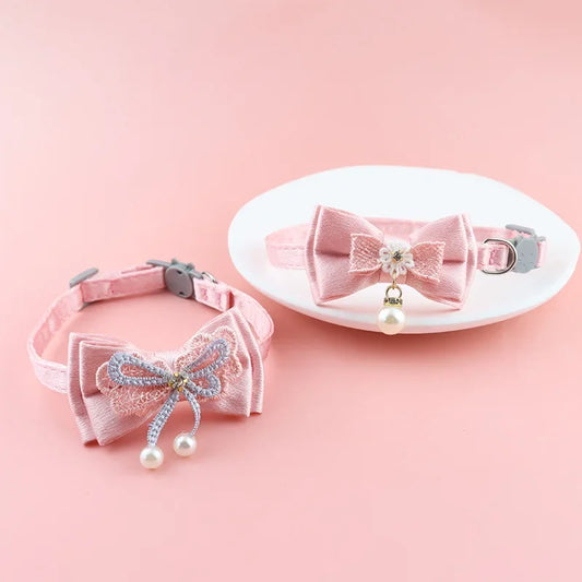 Pink Lace Bow Pet Collar with Bell for Cats and Small Dogs