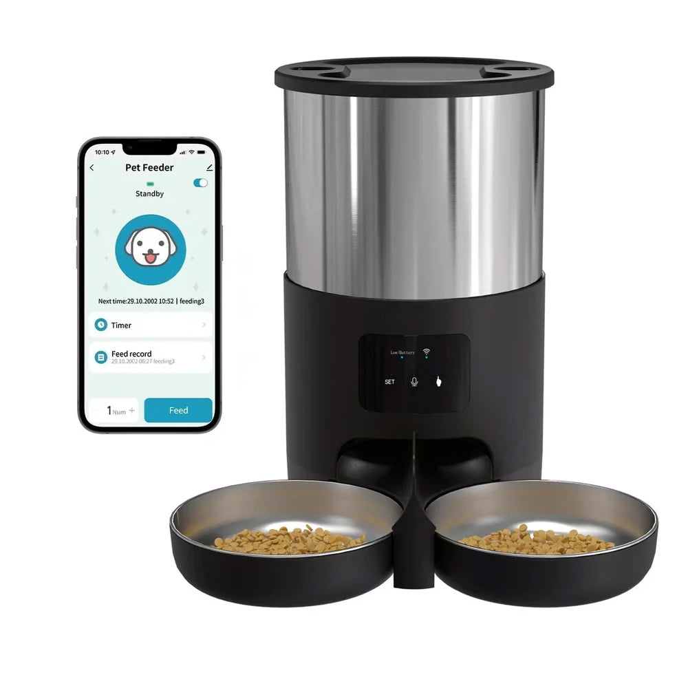 Distributeur Automatique de Croquettes WiFi pour Animaux de Compagnie avec Gamelle en Inox – 4,5 L