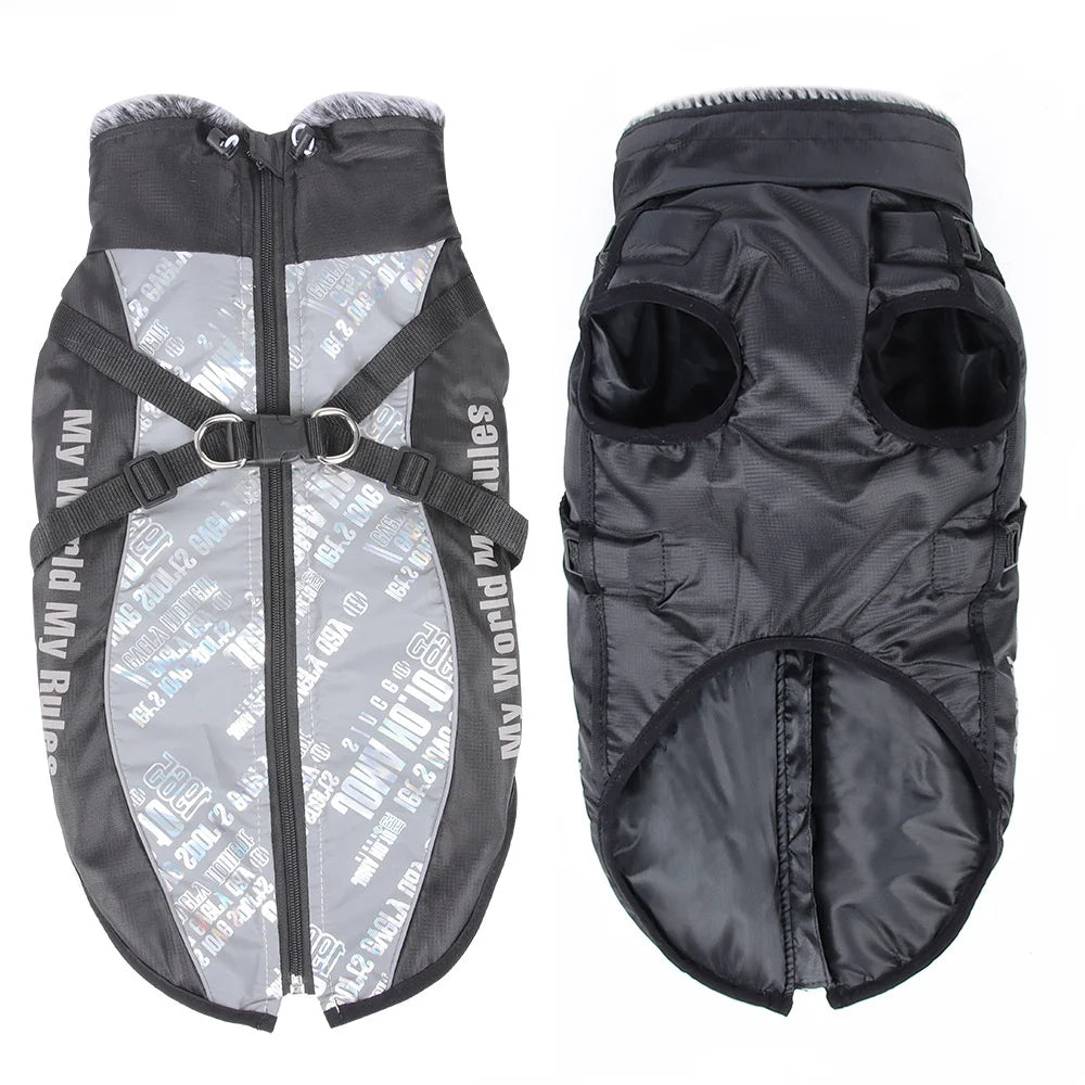 Reflective Waterproof Winter Dog Coat with Fur Collar & Harness