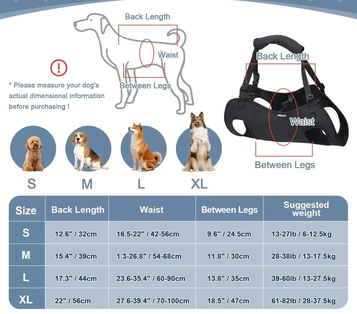 Harnais de levage intégral pour chien - Sangle de soutien réglable pour la mobilité et la rééducation