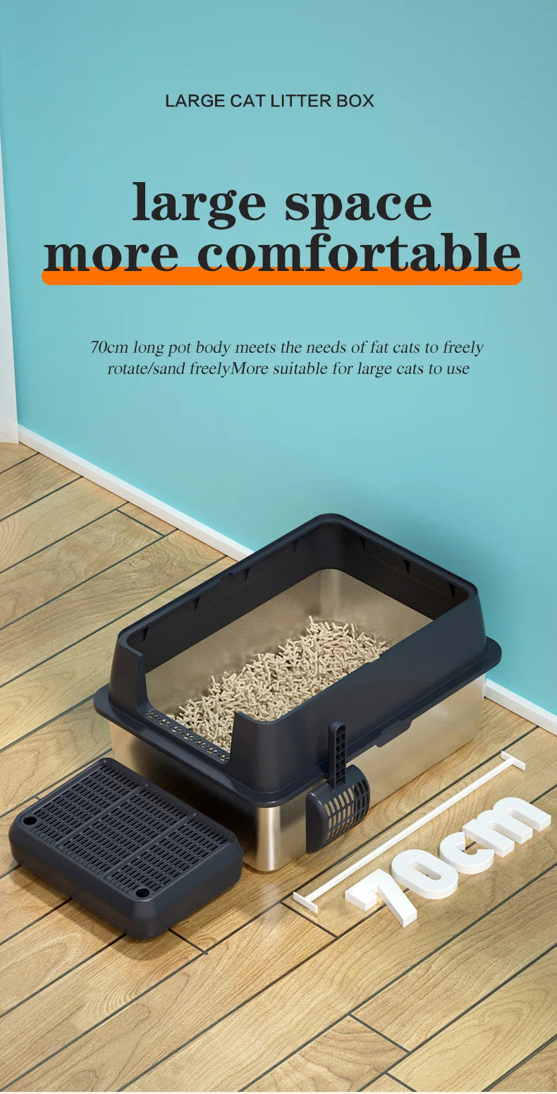 XXXL Stainless Steel Cat Litter Box with Lid — High Sides for Large & Big Cats
