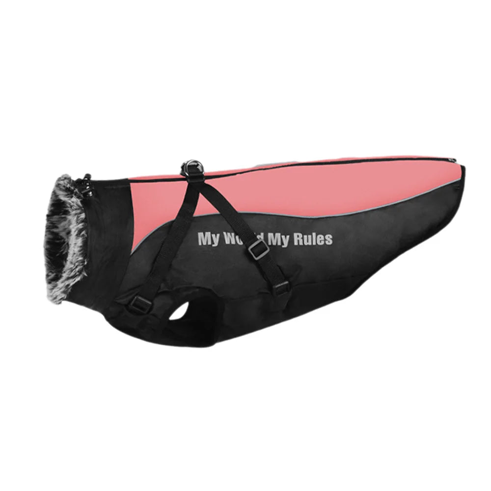Reflective Waterproof Winter Dog Coat with Fur Collar & Harness