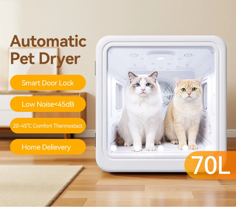 Boîte de séchage intelligente pour animaux de compagnie de 70 L avec séchage à 360° et contrôle automatique de la température