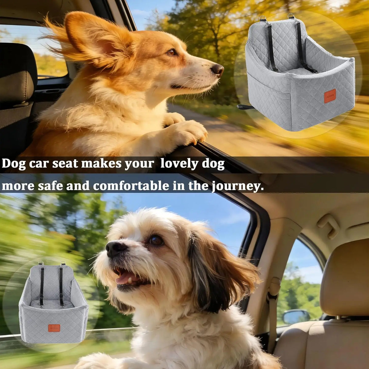 Elevated Memory Foam Dog Car Booster Seat with Storage Pockets