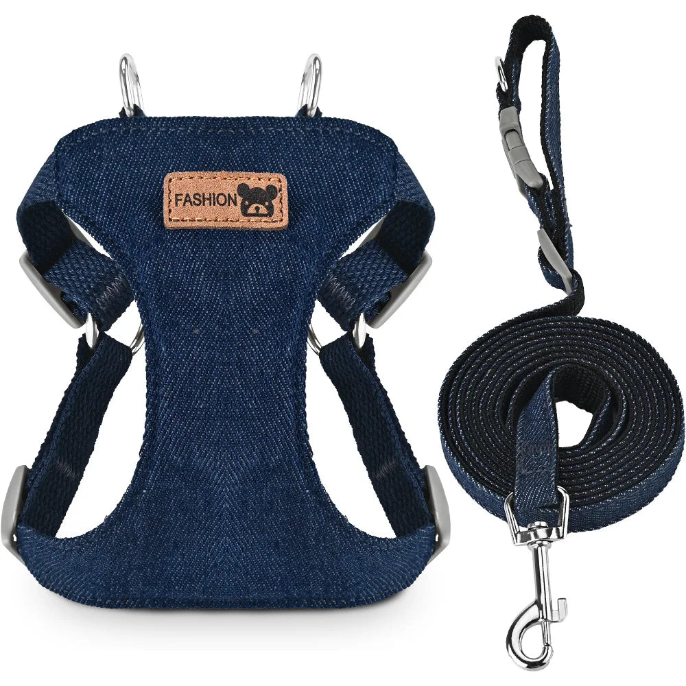Harnais anti-évasion en jean maillé avec laisse pour chien et chat | Gilet rembourré réglable pour petits chiens et chiots
