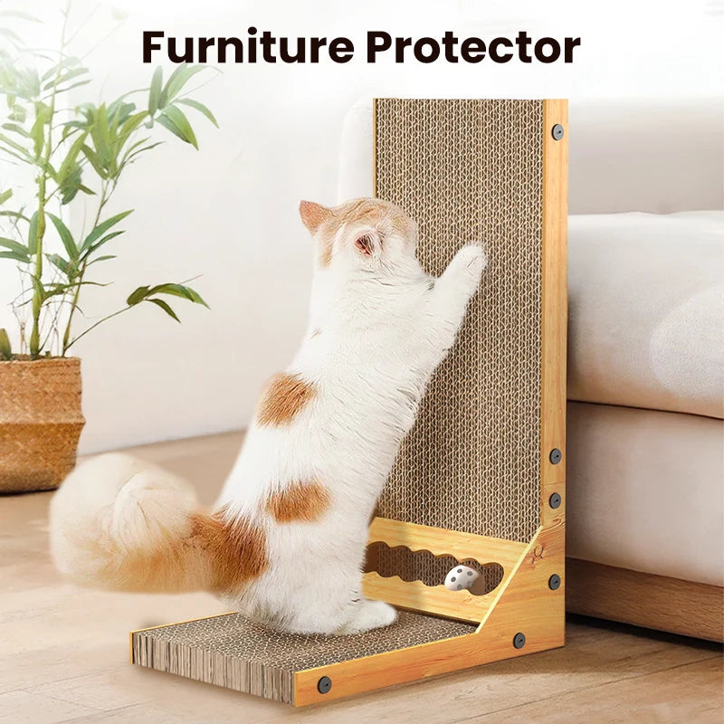 L-Shaped Cat Scratcher with Trackball Toy & Furniture Protector