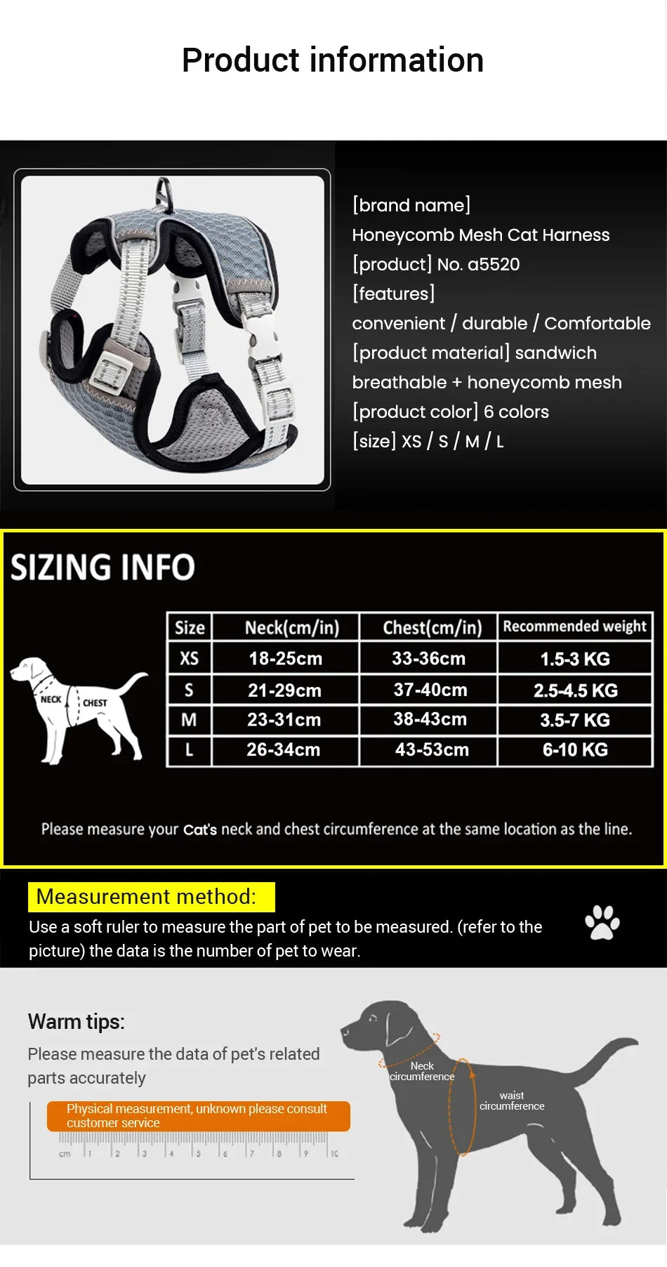 Reflective Cat Harness and Leash Set - Escape Proof, Adjustable Walking Harness