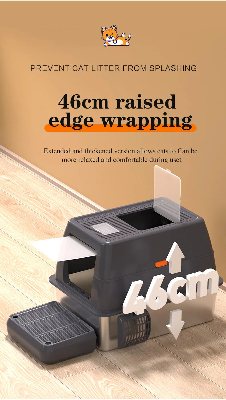 Extra Large Enclosed Stainless Steel Cat Litter Box with Lid