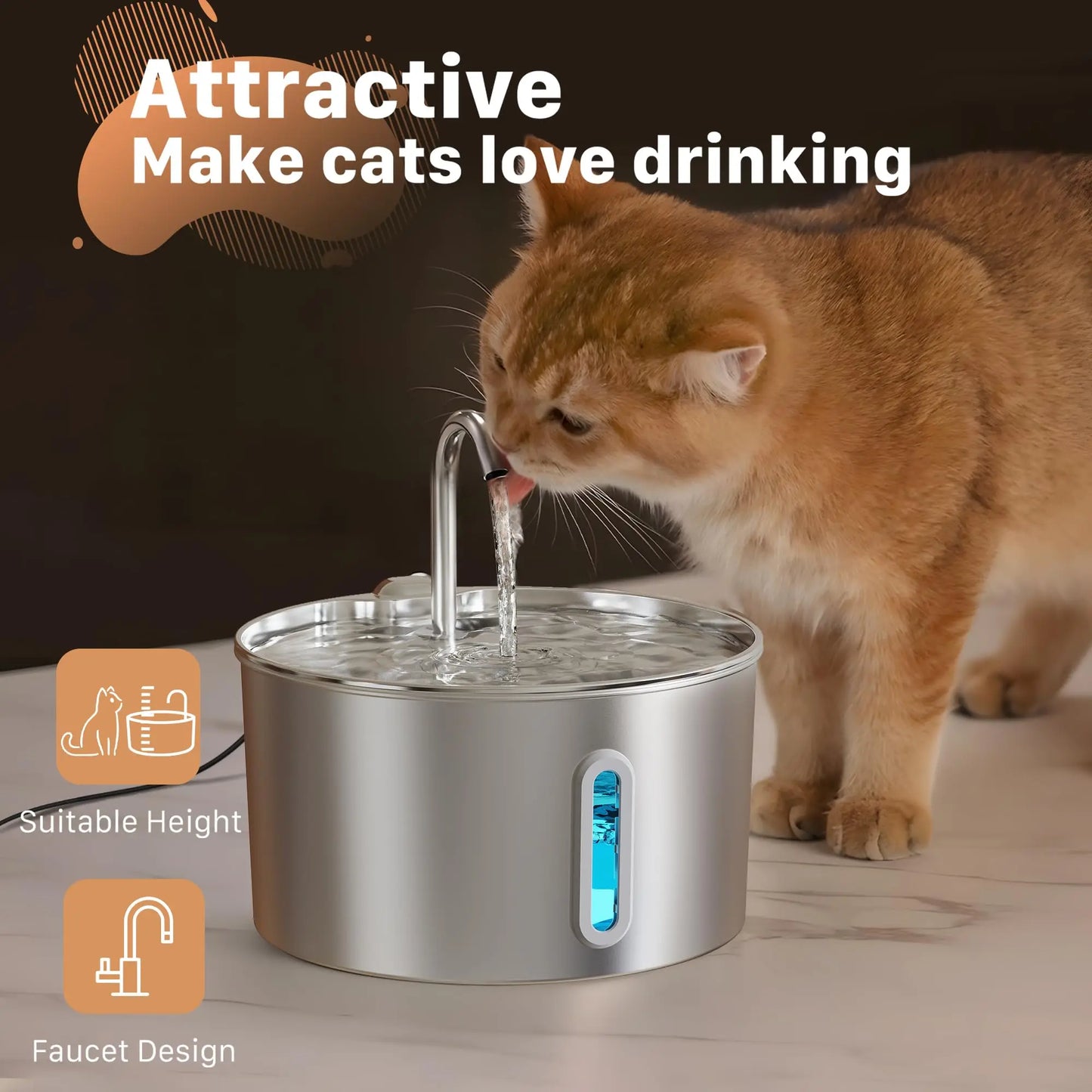 ZYfeeder Fontaine à eau pour animaux de compagnie en acier inoxydable de 2,2 L, fontaine d'eau artésienne pour chats, pompe à eau ultra-silencieuse avec filtre