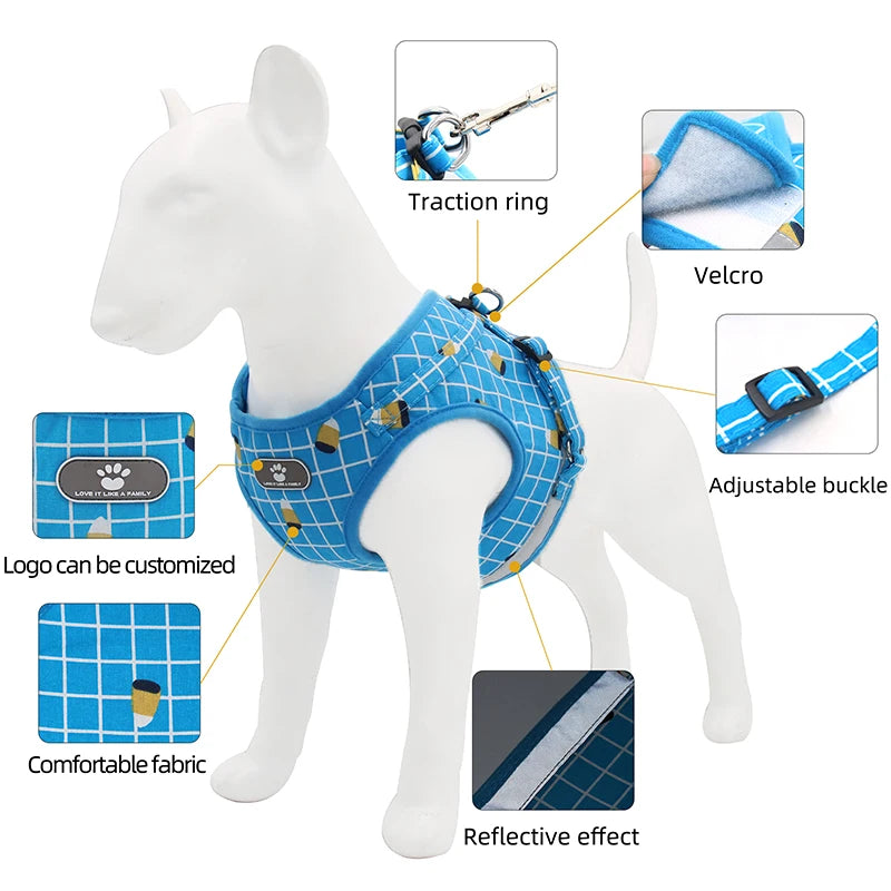 Reflective Mesh & Plaid Dog Vest Harness and Leash Set