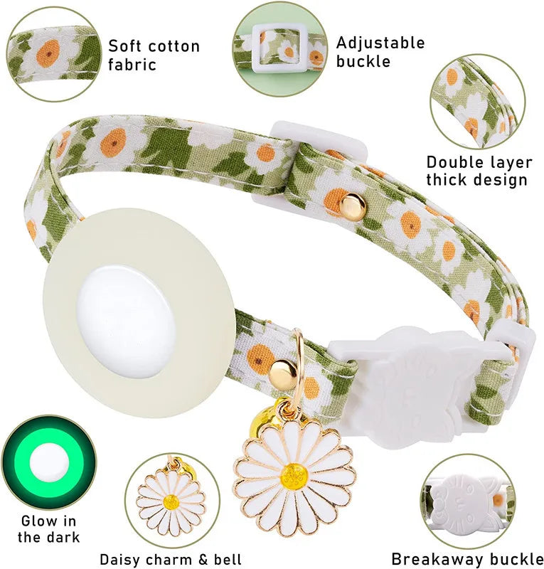 Collier de chat sécurisé avec support AirTag marguerite et grelot