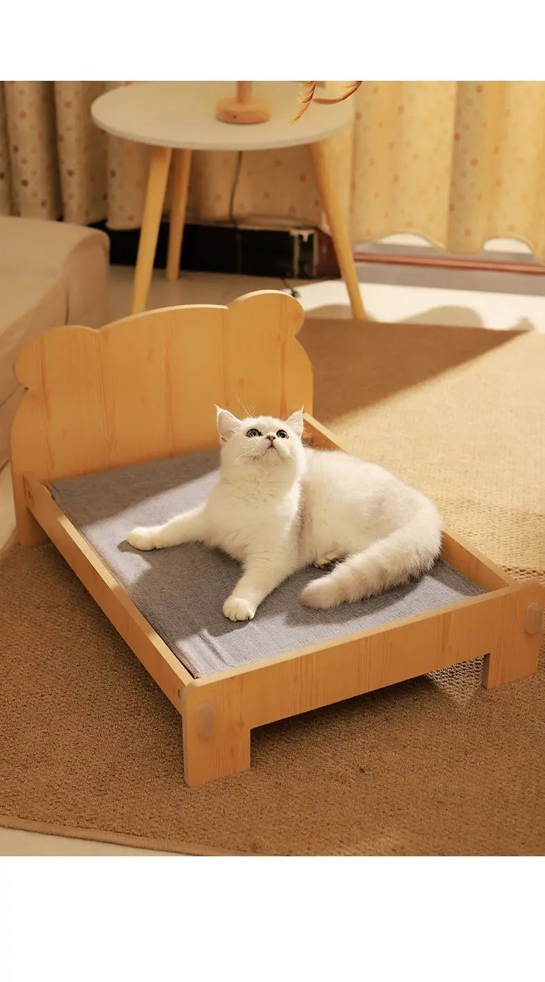 Solid Wood Pet Bed with Removable Washable Mat – All-Season Cat & Dog House