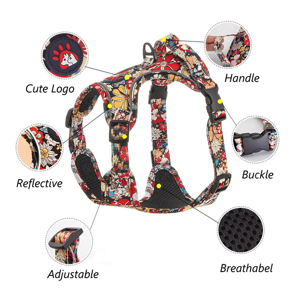 Floral Print Dog Harness & Lead Set with Reflective Strips