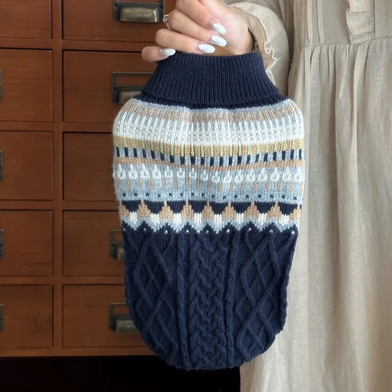Vintage Print Dog Sweater for Small & Medium Dogs — Navy, Blue & Beige