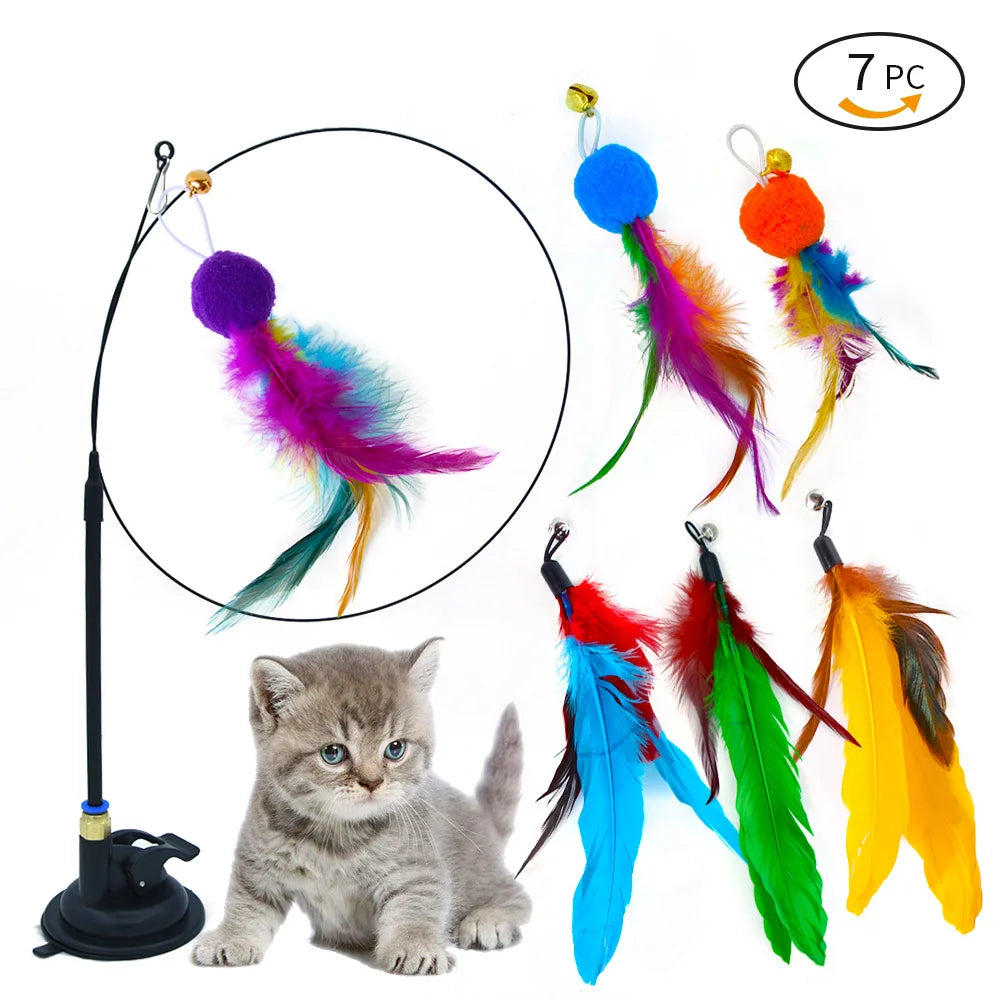 Hands-Free Suction Cup Cat Toy - Interactive Feather Wand Set