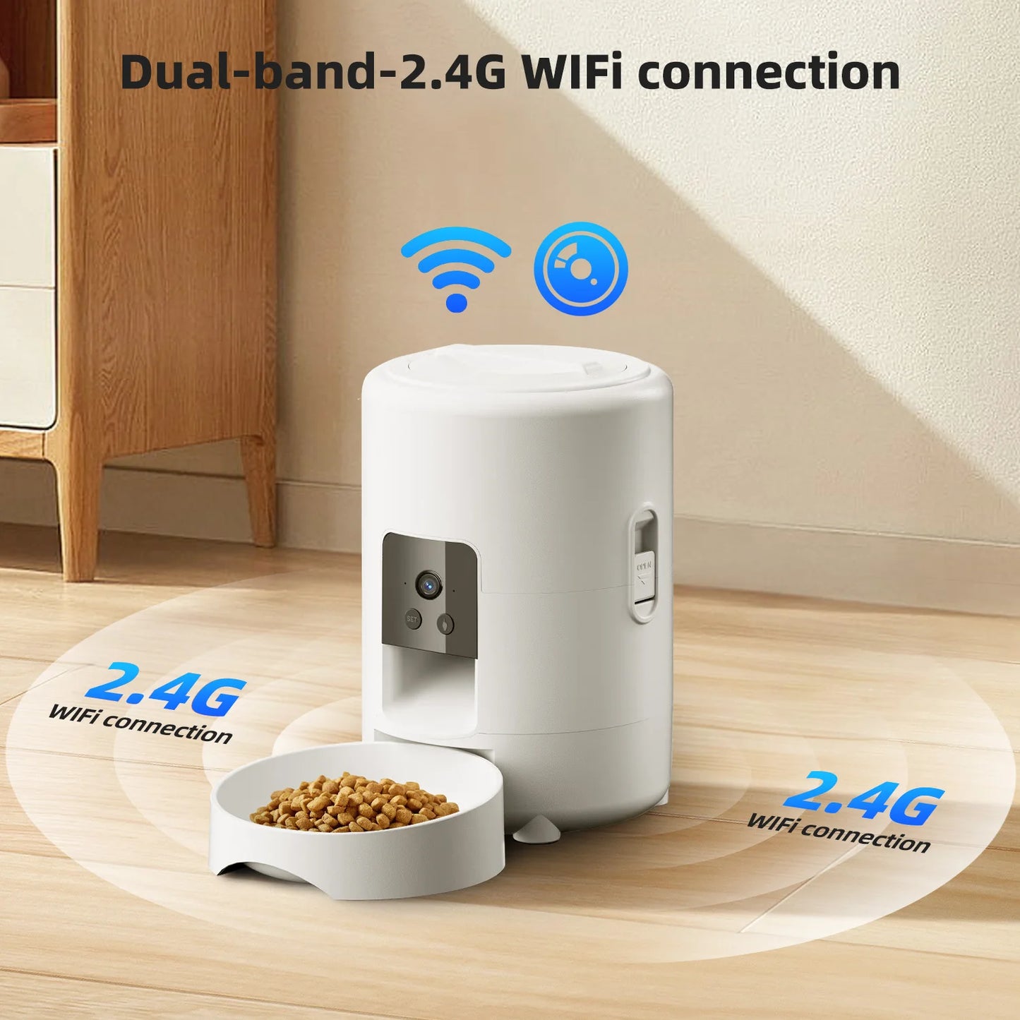 Cat feeder with camera, only supports 2.4G network, can only be powered by USB, has no screen display, and can video pet feeder