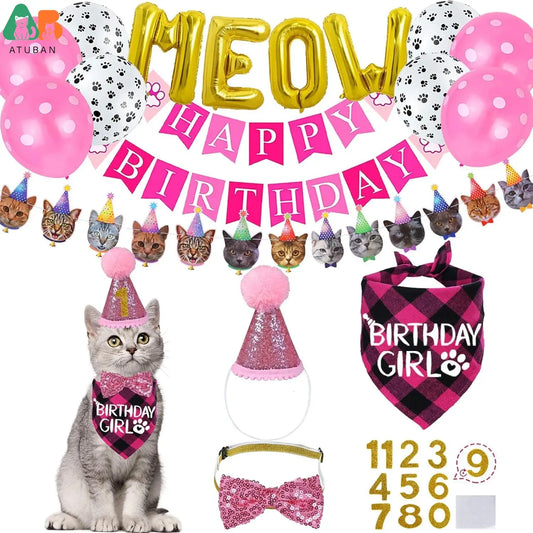 Cat Birthday Party Supplies - Hat, Bandana & Bow Tie Collar Set