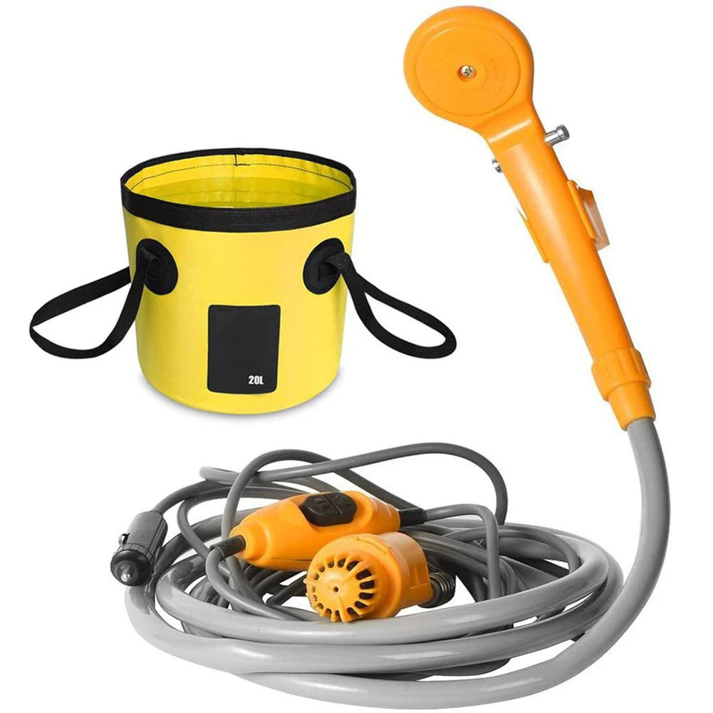 12V Portable Camping Shower Pump with Foldable Bucket Options