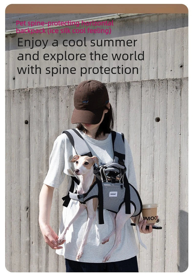 Horizontal Dog Backpack with Ice Silk Cooling & Spine Protector for Small Dogs & Cats