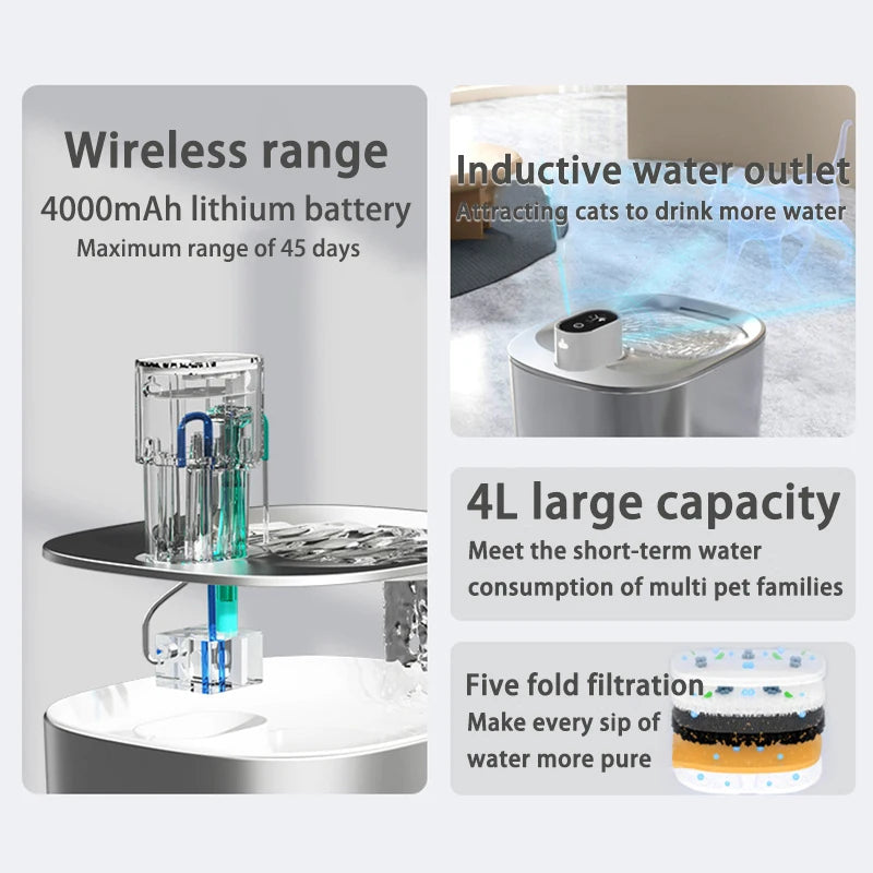4L Stainless Steel Wireless Pet Water Fountain with Motion Sensor