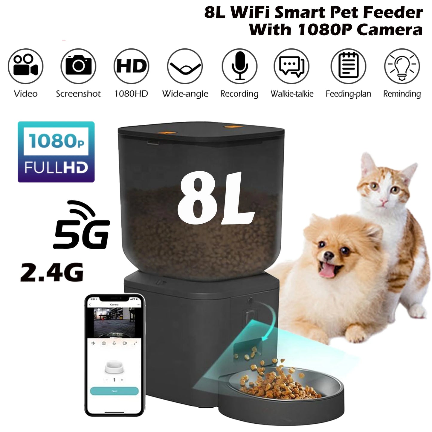 8L Smart Pet Feeder with 1080P Camera, Night Vision & Stainless Steel Bowl — 5G Wi-Fi & Tuya App