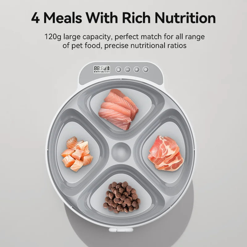Distributeur Automatique de Croquettes 4 Repas - Distributeur Intelligent Nourriture Sèche et Humide pour Chats et Chiens