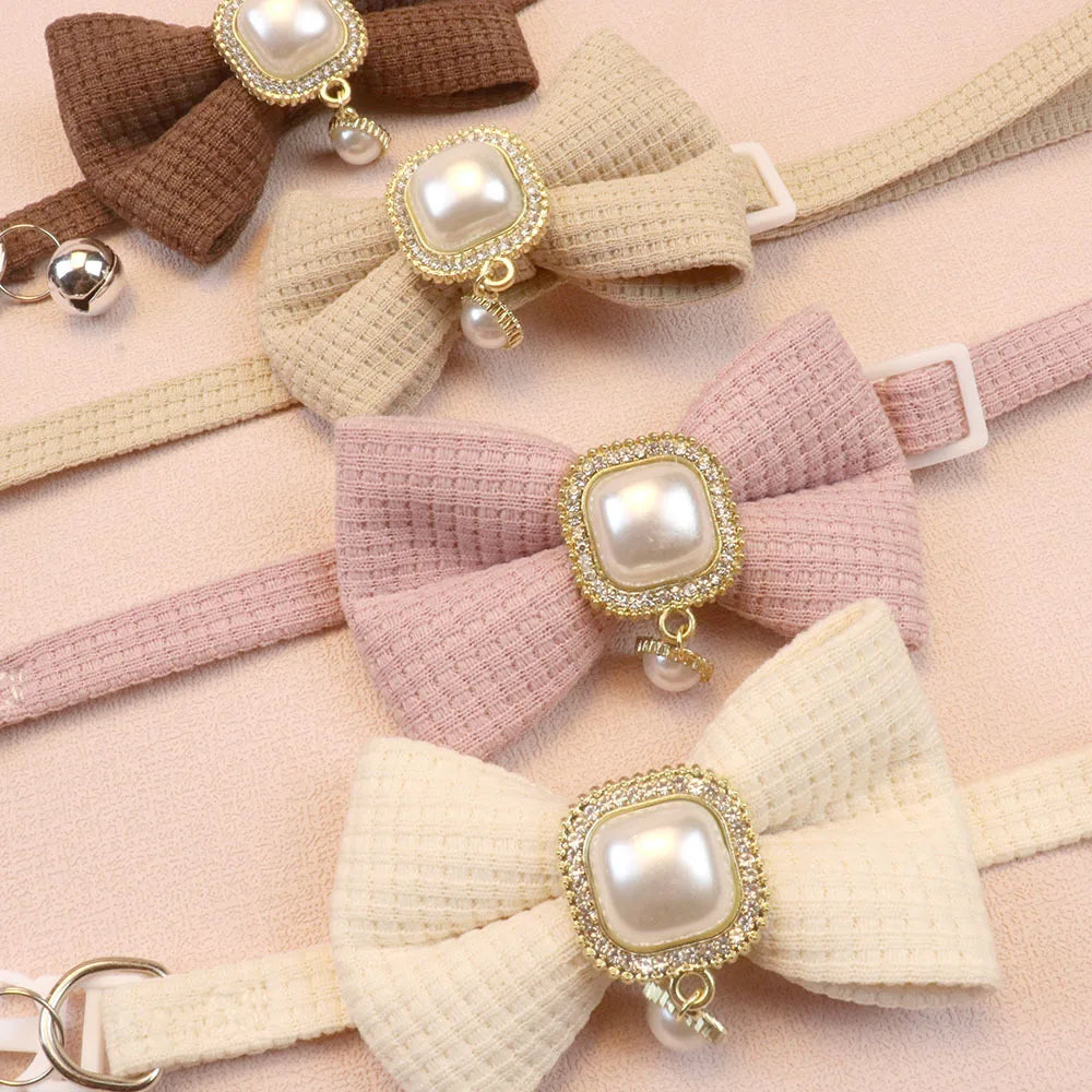 Waffle Bow & Pearl Pendant Cat Collar with Bell