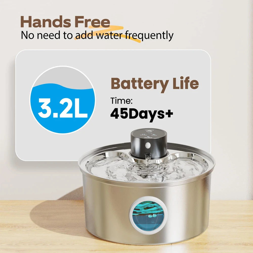 Fontaine à eau pour animaux de compagnie en acier inoxydable de 3,2 L rechargeable par USB avec capteur de mouvement