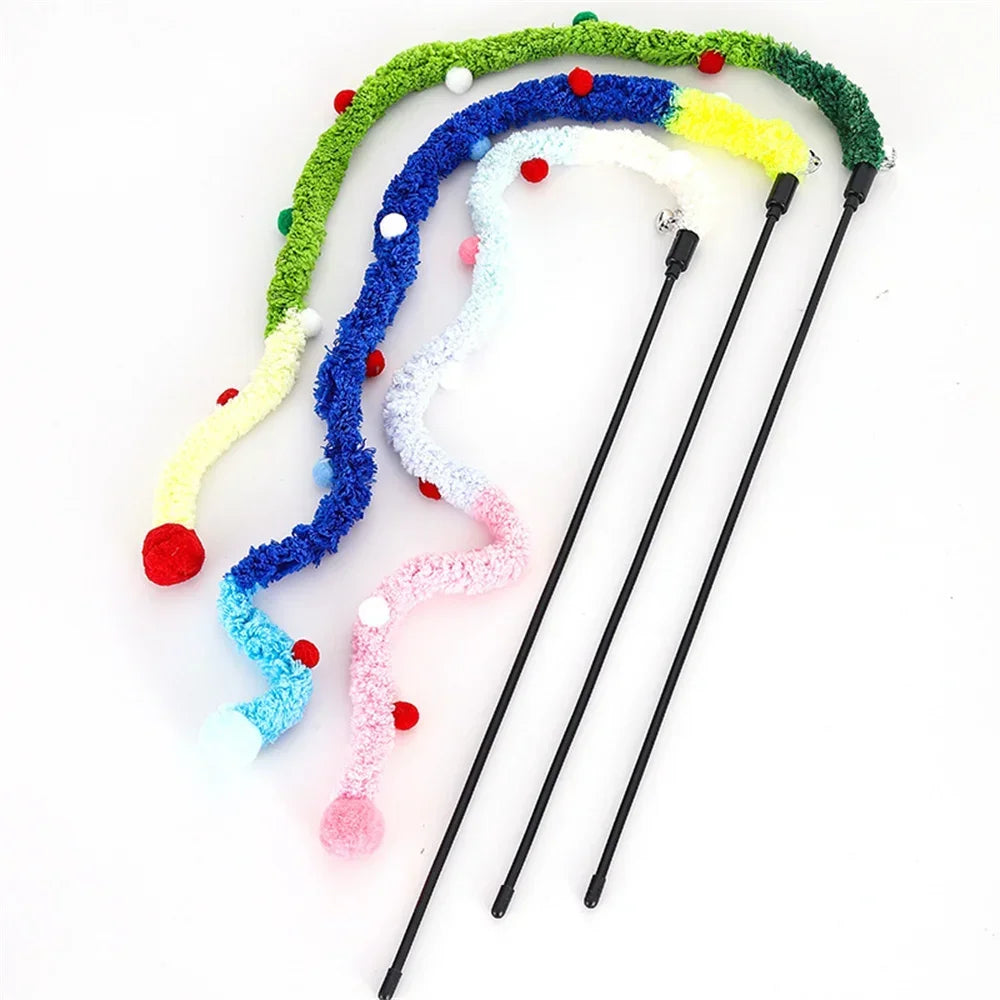 Rainbow Caterpillar Cat Wand Toy with Bell – Interactive Feather Stick