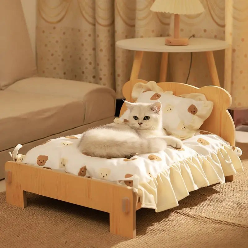 Solid Wood Pet Bed with Removable Washable Mat – All-Season Cat & Dog House