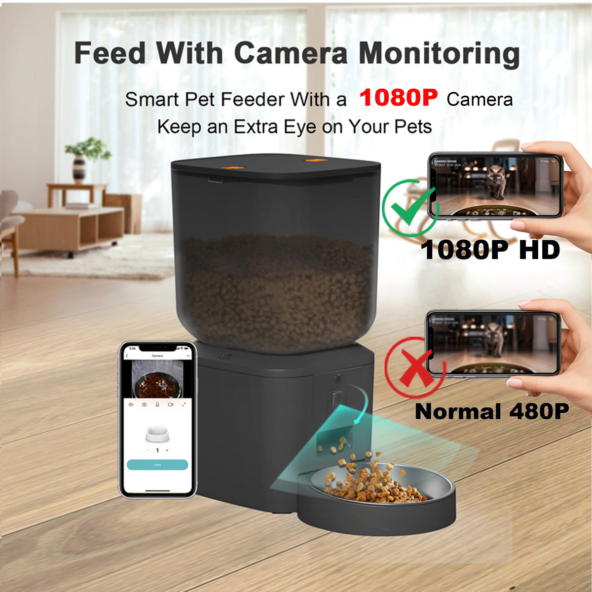 Automatic Pet Feeder with 1080p Camera, Voice Recorder & Remote Control