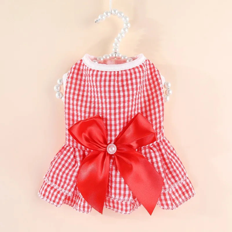 Robe de princesse pour animaux de compagnie - Robe d'été à rayures et carreaux avec nœud pour chats et petits chiens