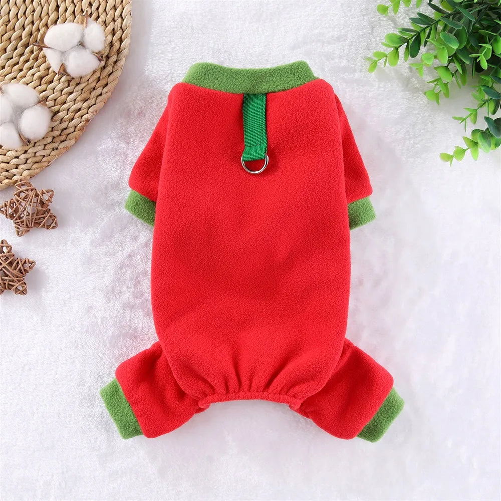 Fleece Dog Jumpsuit Hoodie with Leash Ring — Warm Winter Coat for Dogs & Cats