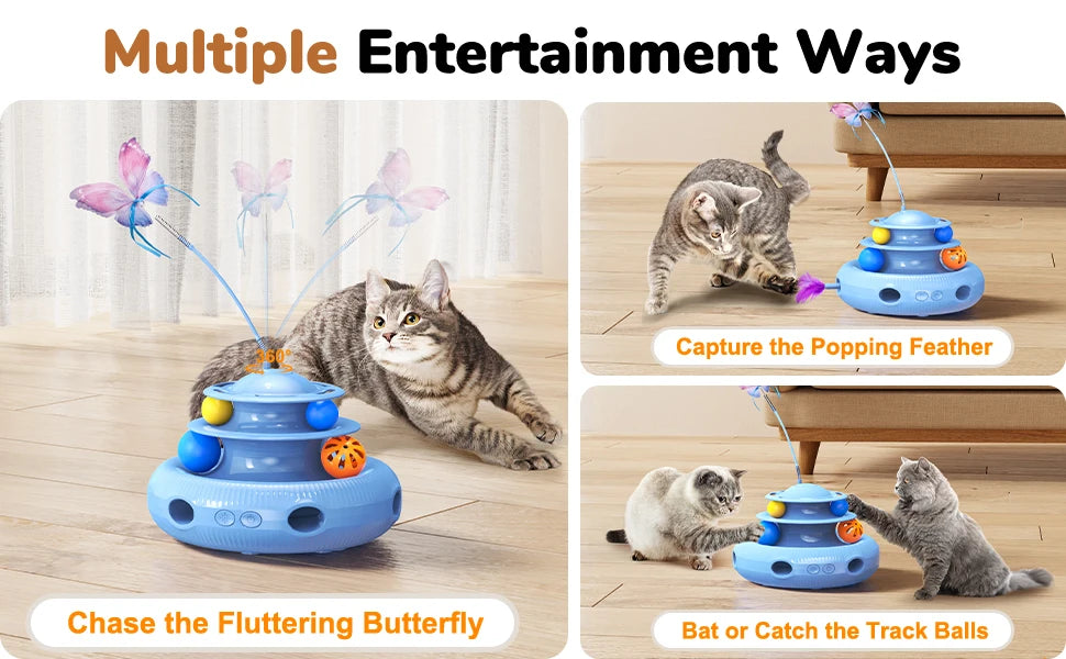 Jouet pour chat automatique rechargeable 4-en-1 avec papillon, plume et balle de piste