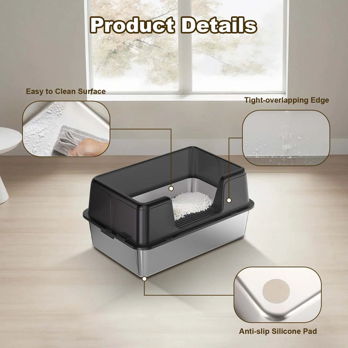 Stainless Steel Semi-Enclosed Cat Litter Box | High Sides | Anti-Splash | 3 Sizes