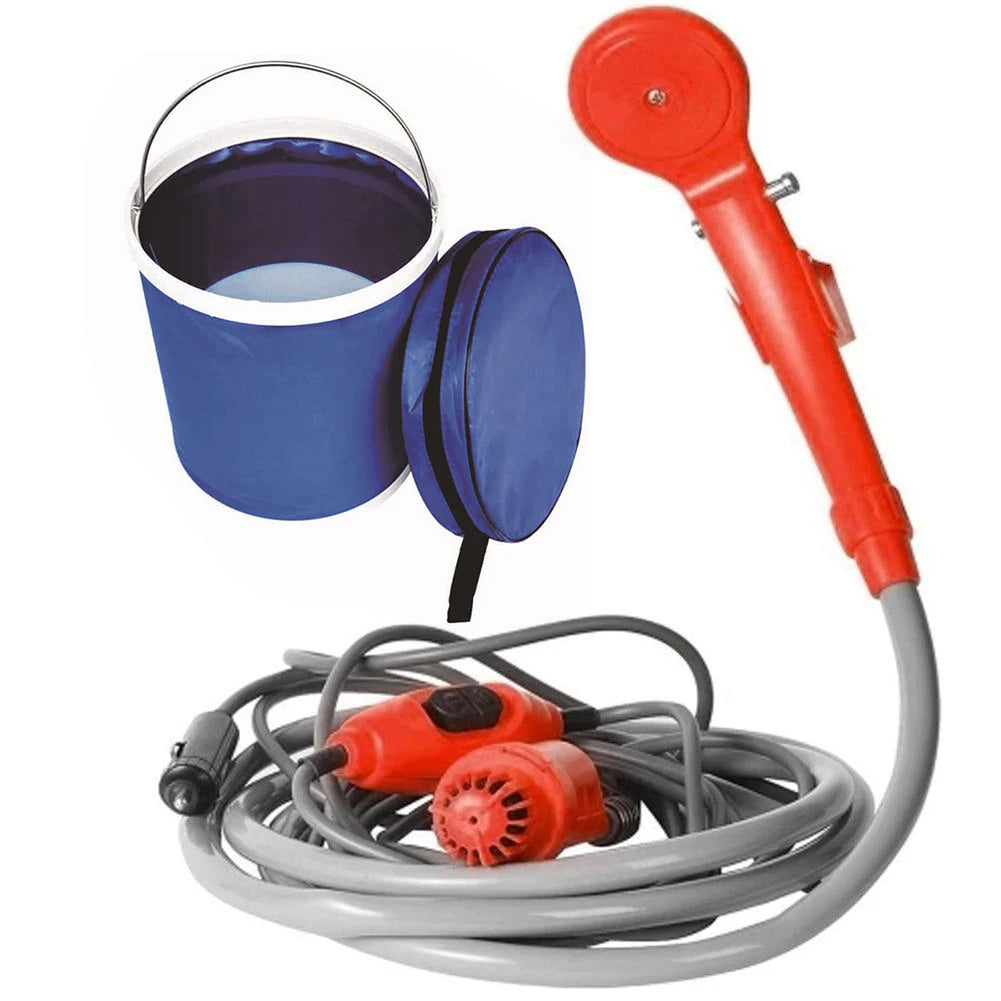 12V Portable Camping Shower Pump with Foldable Bucket Options