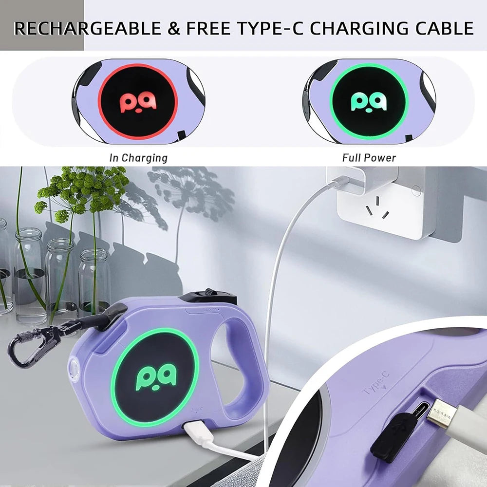 LED Retractable Dog Leash | 5M Rechargeable Light-Up Leash