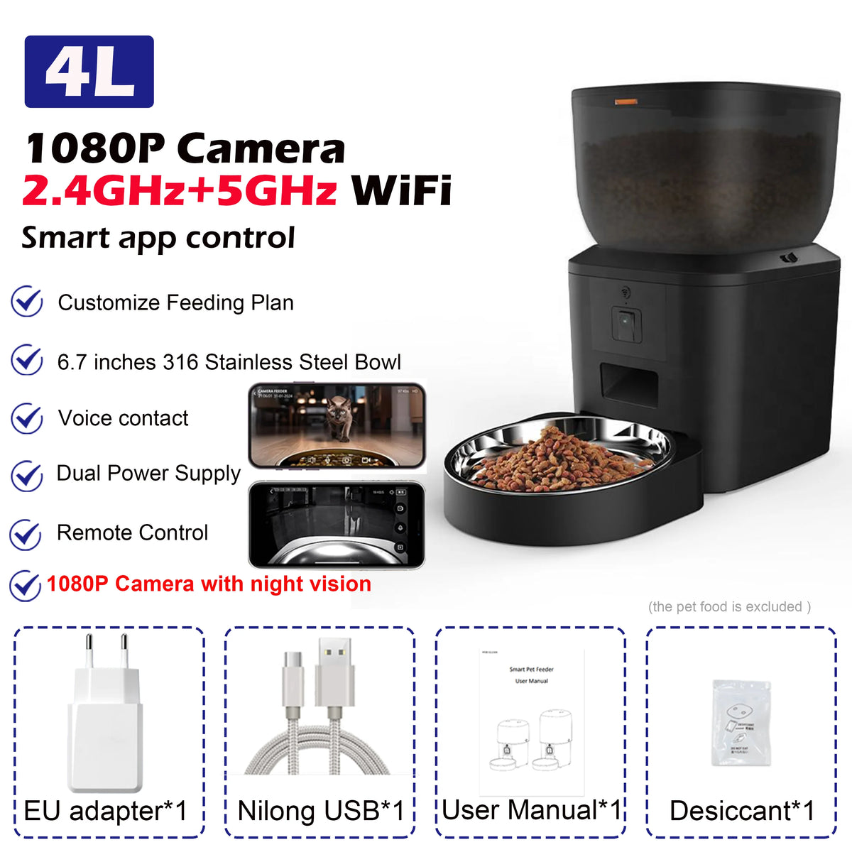 Automatic Pet Feeder with 1080p Camera, Voice Recorder & Remote Control