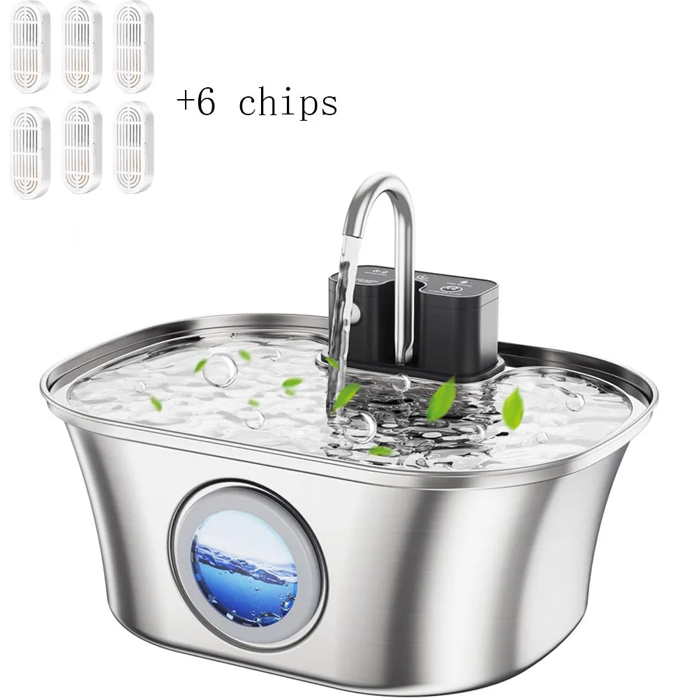 Fontaine à eau pour animaux de compagnie en acier inoxydable de 3,2 L – Recharge sans fil avec fenêtre de niveau d'eau