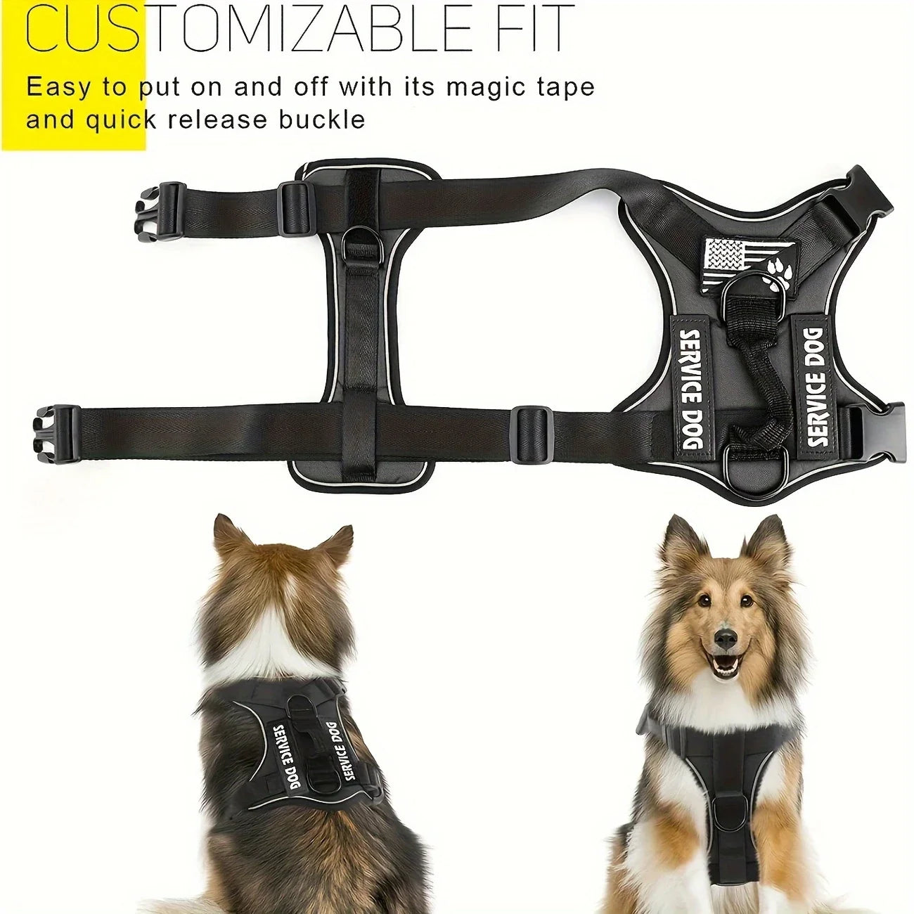 Harnais tactique anti-traction pour chien avec bandes réfléchissantes de nuit