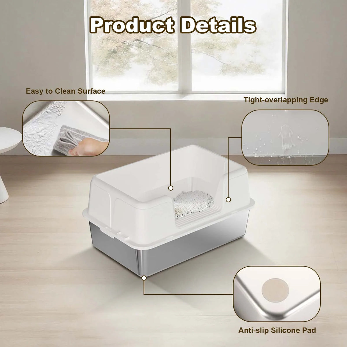 Stainless Steel Semi-Enclosed Cat Litter Box | High Sides | Anti-Splash | 3 Sizes