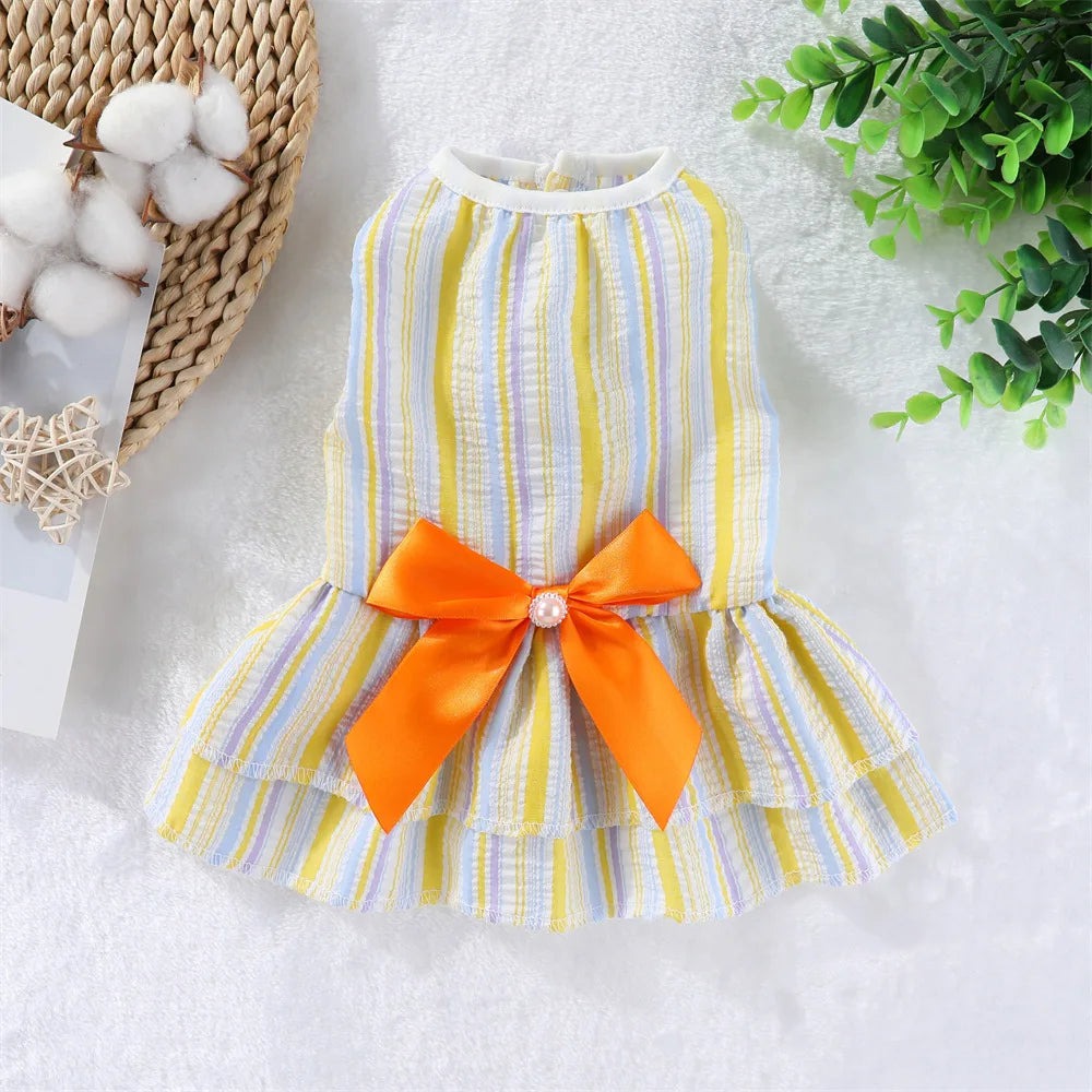 Robe de princesse pour animaux de compagnie - Robe d'été à rayures et carreaux avec nœud pour chats et petits chiens