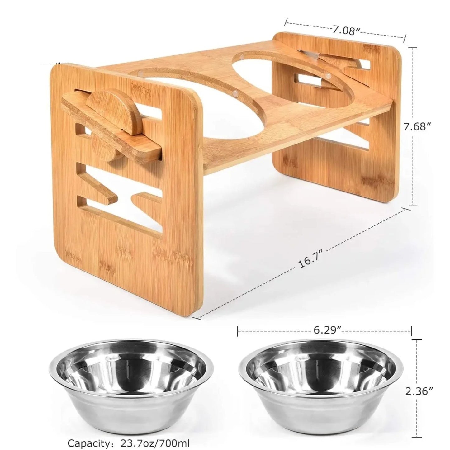 Bamboo Elevated Slanted Bowl Stand for Dogs & Cats — 15° Tilt or Flat, 6 Adjustable Heights