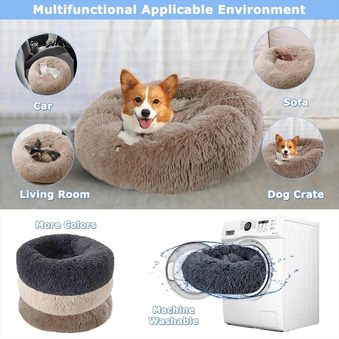 Round Plush Pet Bed — Washable Warm Basket for Dogs & Cats, 6 Sizes
