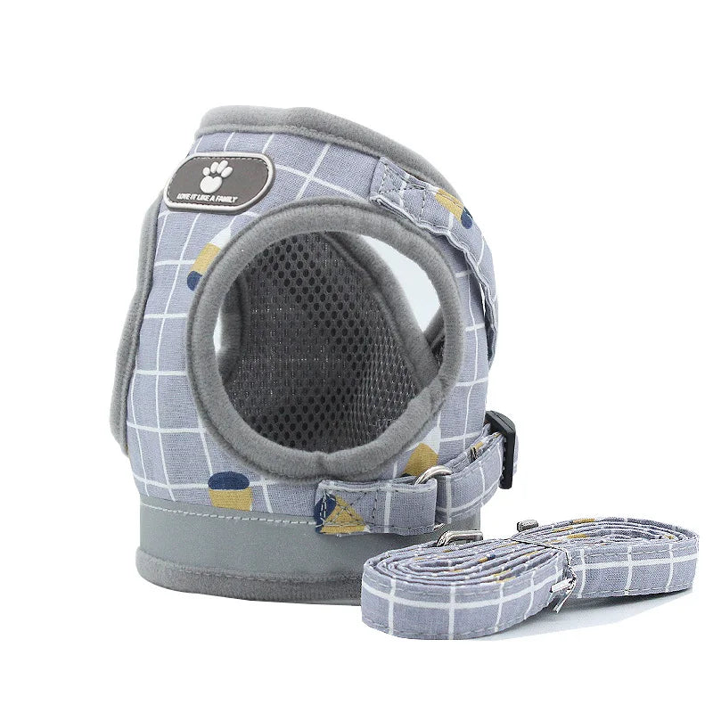 Reflective Mesh & Plaid Dog Vest Harness and Leash Set